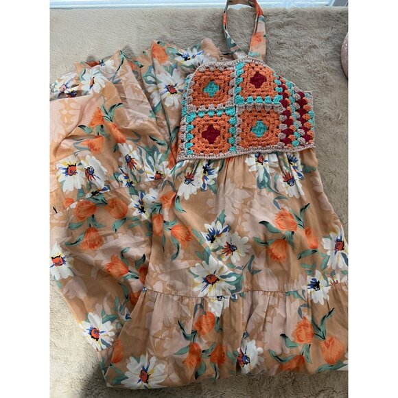 Easel Vintage-Inspired Floral Dress With Crochet Bodice Sleeveless Boho Maxi Bei - Picture 12 of 12